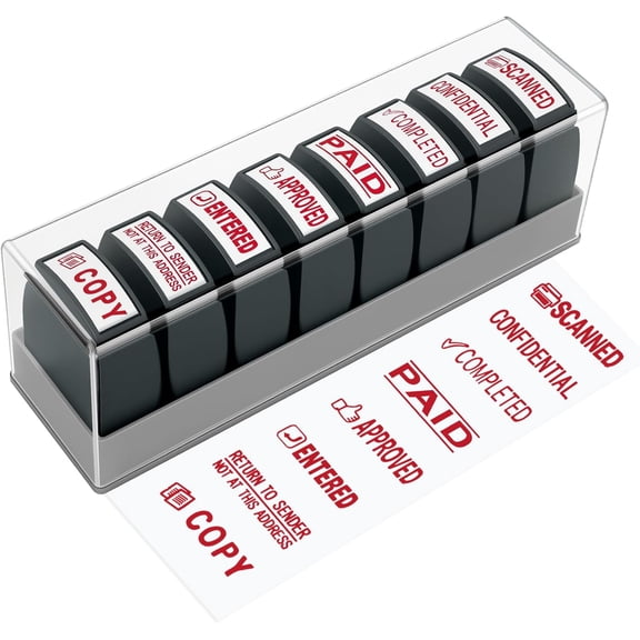 8Pcs Self Inking Business Office Stamps Set, Paid, Copy, Scanned, Approved, Entered, Confidential, Completed, Return to Sender Stamp, Business Stamps for Invoices Documents, Red Ink