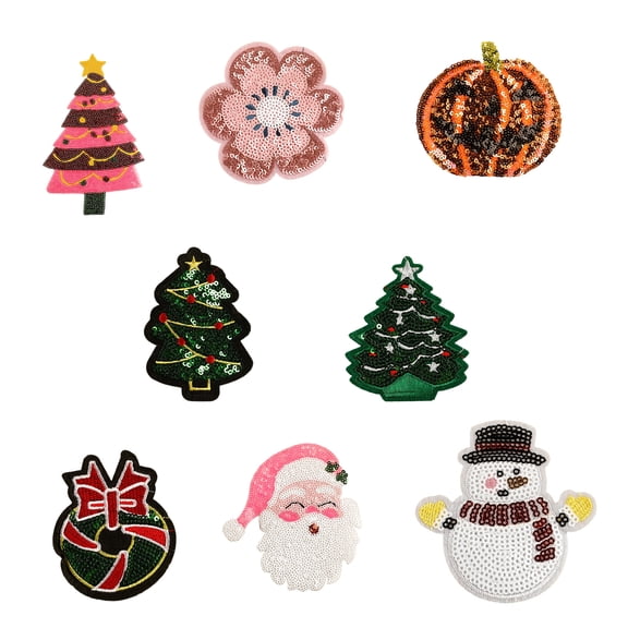 8Pcs Sequins Embroidered Iron On Fabric Patches Christmas Themed Embroidery Appliques for Clothing Jackets Dress Bag Hat
