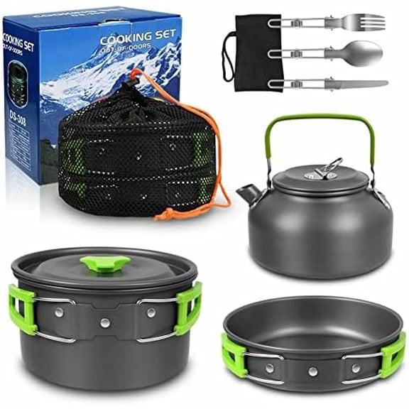 8Pcs Set Camp Cookware Camping Cooking Portable Mess Kit Backpacking Gear Non-Stick Pot Kettle Camping Pots and Pans Chopping Board Folding Tableware for Camping Hiking Picnic