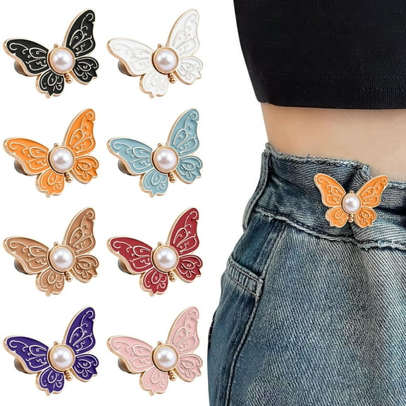 8Pcs No Sew Adjustable Pant Waist Tightener, Flower Pearl Alloy Jean Buttons, Reusable Spring Lock Waist Buckle Clips, Suitable for Loose Jeans Skirts Shorts Decorative