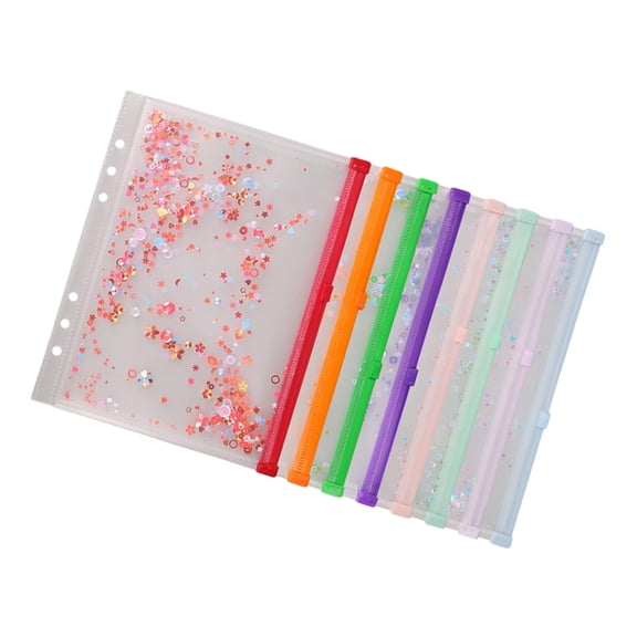 8Pcs Shimmering Clear Document Sleeve with Punched Hole Zippered Document Pouches Plastic File Envelope Bag For Office