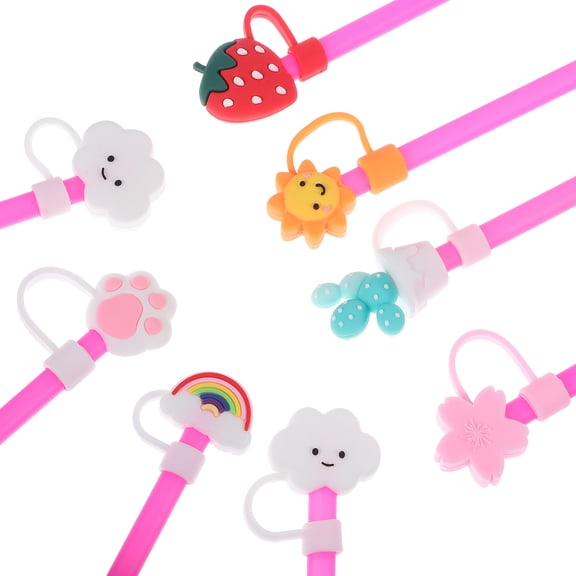 NUOLUX 8Pcs Silicone Straw Plugs Reusable Drinking Straw Caps with Assorted Colors and Cute Designs