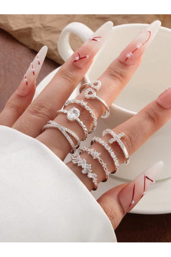 8Pcs Silvertone Stackable Rings Set For Women Dainty Cubic Zirconia Wedding Bands Engagement Rings Sizes 5-11