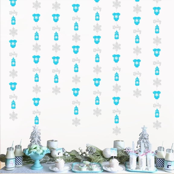8Pcs Snowflake Baby Shower Garland Streamers for Boys, Winter Wonderland Hanging Decorations Blue, Winter Snow Flakes Themed Streamers Gender Reveal Party Supplies Decors