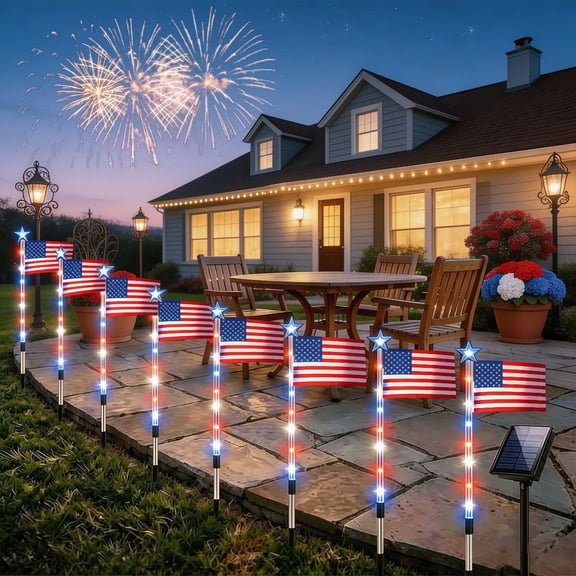8Pcs Solar American Flag walkway Lights, Red White Blue Waterproof LED Stake Lights with 8 Modes, Patriotic Outdoor Yard Decor for 4th of July Memorial Day Independence Day