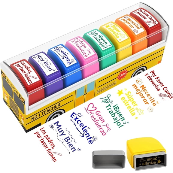 8PCS Spanish Teacher Stamps, Self Inking Grading Stamps Set with Motivational Messages for Classroom and Homework Rewards