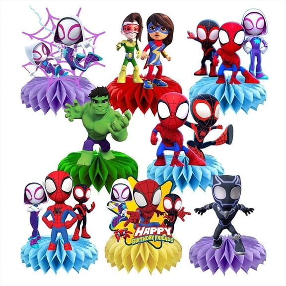 8Pcs Spidey Party Supplies Set Honeycomb Centerpieces Double Sided Table Topper for Birthday Decorations
