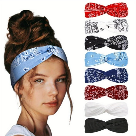 8Pcs Sport Bandana Headbands for Women Boho Elastic Hair Bands for Women's Hair Twist Turban Head Wraps Fashion Hair Accessories stretch non-slip big hair band workout headband