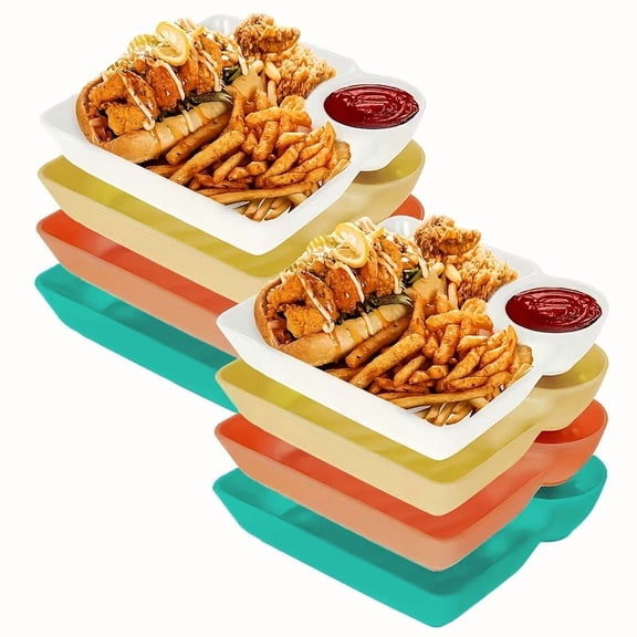 8Pcs Square Divided Serving Plates, Plastic Food Trays with Sauce Compartment for Sushi, Taco, Fries and Daily Meals