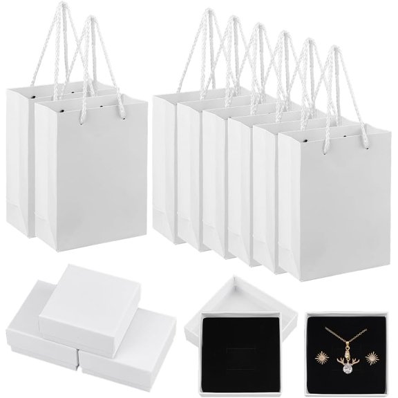 8Pcs Square Paper Gift Boxes with Black Sponge and 8Pcs Rectangle Cardboard Paper Tote Bags White 7.5x7.5x3.5cm