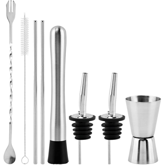 8Pcs Stainless Steel Muddler for Cocktails,Mixing Spoon and Measuring Jigger,Bar Muddler for Making Mojitos,Margaritas and Other Fruit Based Drinks,Easy to Use & Clean