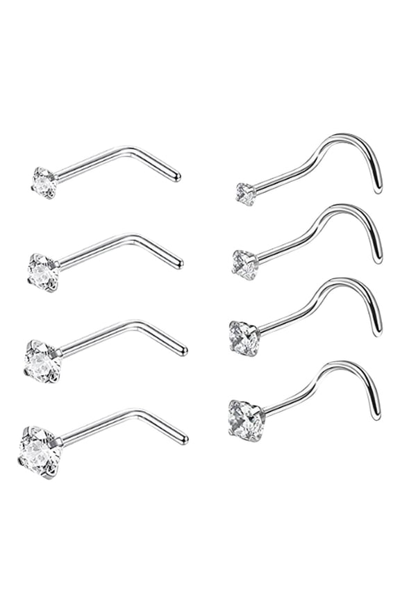 8Pcs Stainless Steel Nose Ring Nose Body Piercing Jewelry Diamond Nose Stud (Silver)