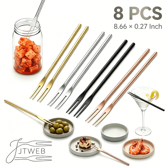 8Pcs Stainless Steel Pickle Fork 8.6 Inch Dessert Fork Long Metal Long Handle Olive Cocktail Fruit Fork 2 Prong Dishwasher Safe for Dessert Appetizer Snail Cheese