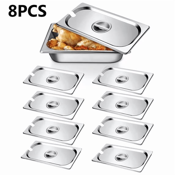 8Pcs Stainless Steel Steam Table Pan Lids 1/3 Size, Commercial Food Pan Covers with Handle and Slot Design, Buffet Chafer Lid for Catering Hotel Restaurant Food Warmer