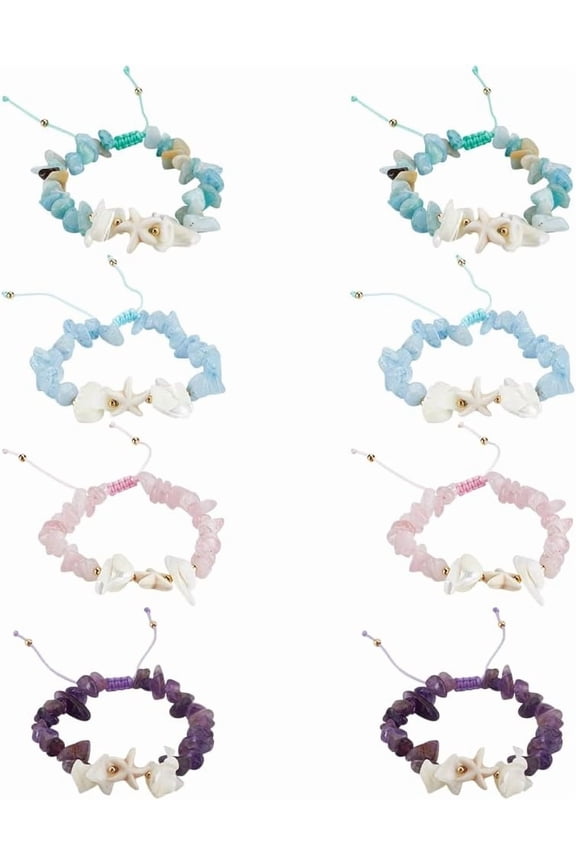 8Pcs Starfish Beaded Bracelets 4 Colors Summer Natural Stone Bracelets Adjustable Stretch Friendship Bracelet Handmade Gemstone Beach Anklets Gifts