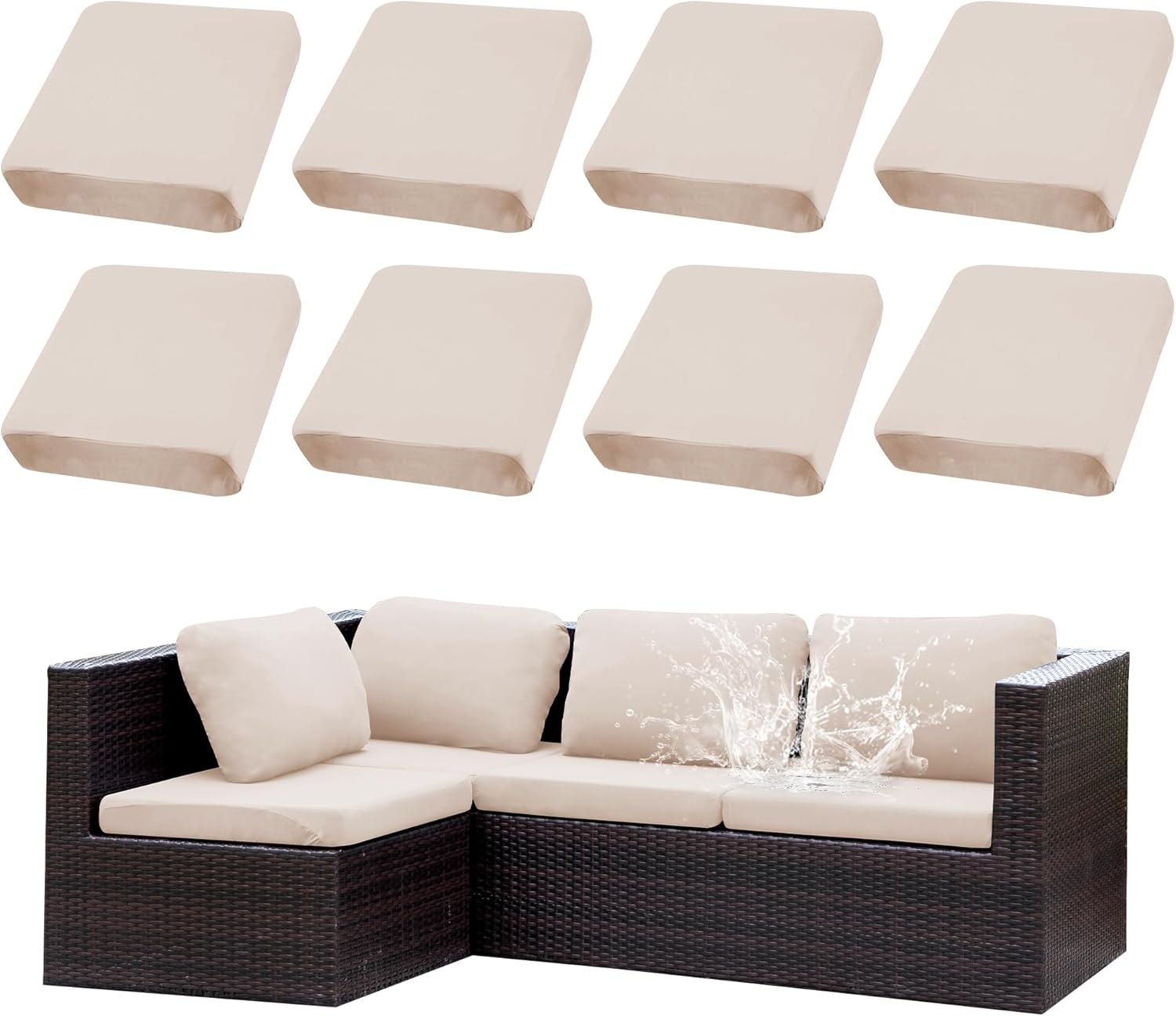 8Pcs Stretch Outdoor Cushion Cover Waterproof Patio Cushion Cover