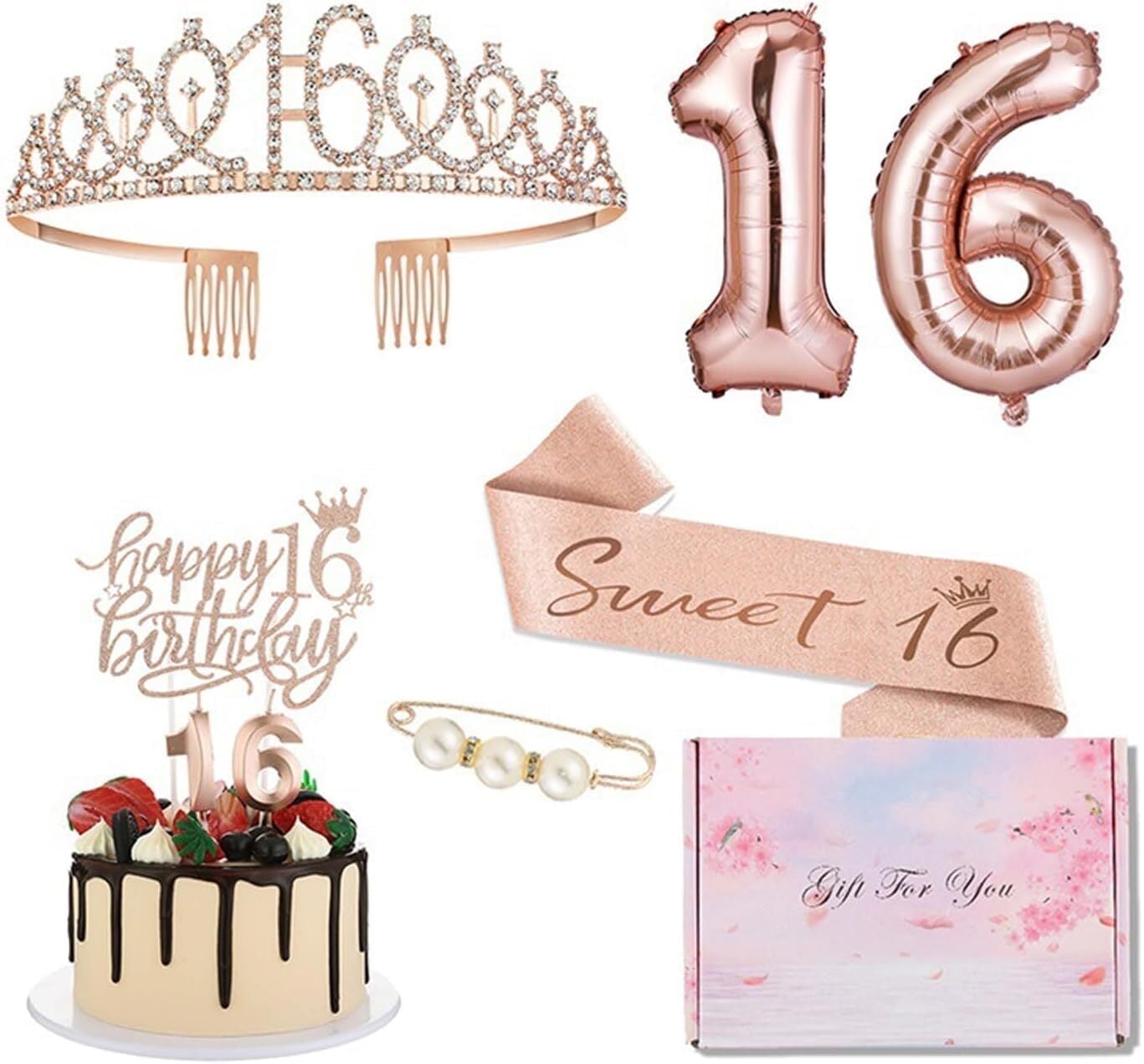 8Pcs Sweet 16 Birthday Decorations for Girls, Rose Gold Set with Cake ...