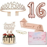 8Pcs Sweet 16 Birthday Decorations for Girls, Rose Gold Set with Cake Toppers, Pearl Pin, Rhinestone Tiara, Number Candles&Balloons