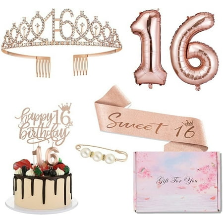 8Pcs Sweet 16 Birthday Decorations for Girls, Rose Gold Set with Cake Toppers, Pearl Pin, Rhinestone Tiara, Number Candles&Balloons