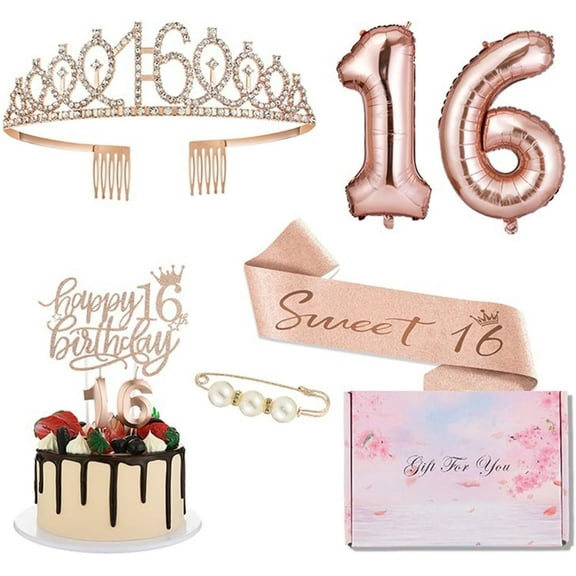 8Pcs Sweet 16 Birthday Decorations for Girls, Rose Gold Set with Cake Toppers, Pearl Pin, Rhinestone Tiara, Number Candles&Balloons