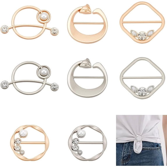 8Pcs T-Shirt Clips for Women Silk Scarf Clasp Clip Round Clothes Clips Buckle Tie Rings with Pearl and Rhinestone Circle Clip Waist Buckle for DIY
