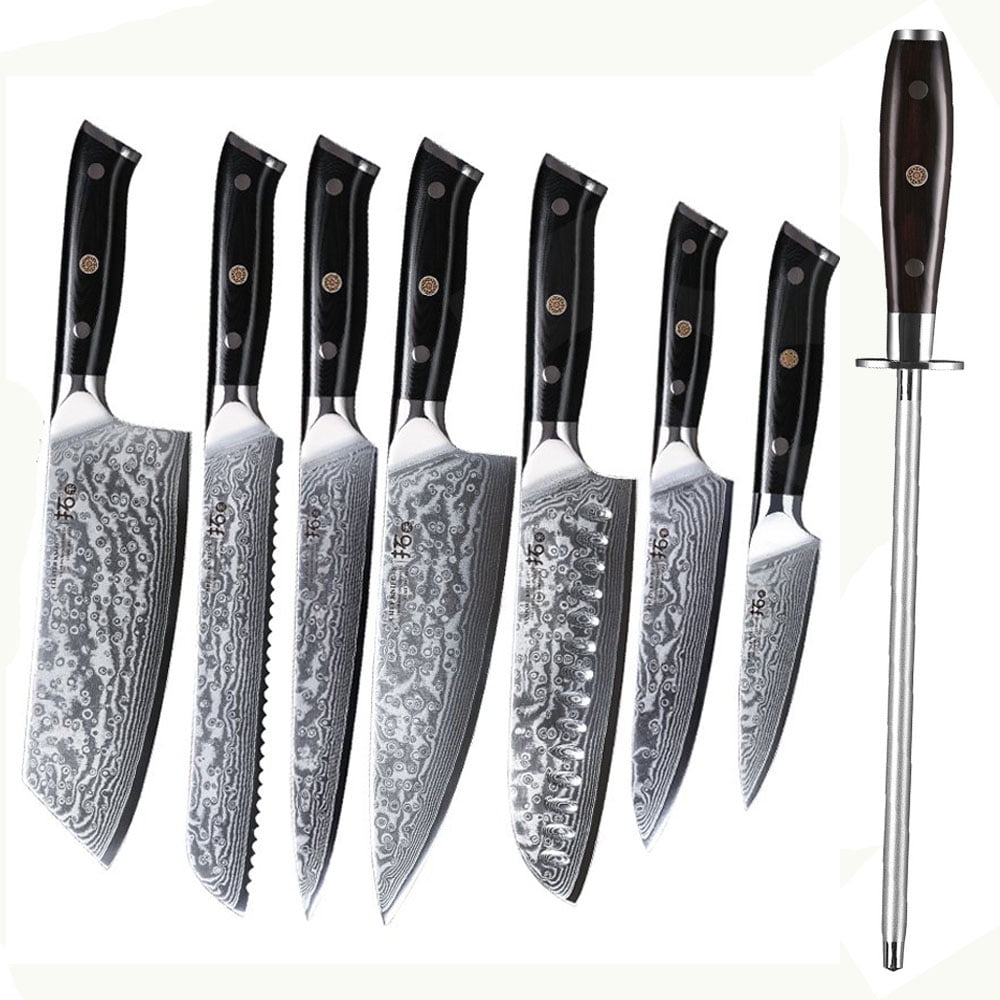 MOSFiATA Professional Damascus Chef Knife Set-3PCS, 8 ''Chef Knife  7”Santoku Knife and 5'Utility Knife，VG-10 High Carbon Stainless Steel with  Finger
