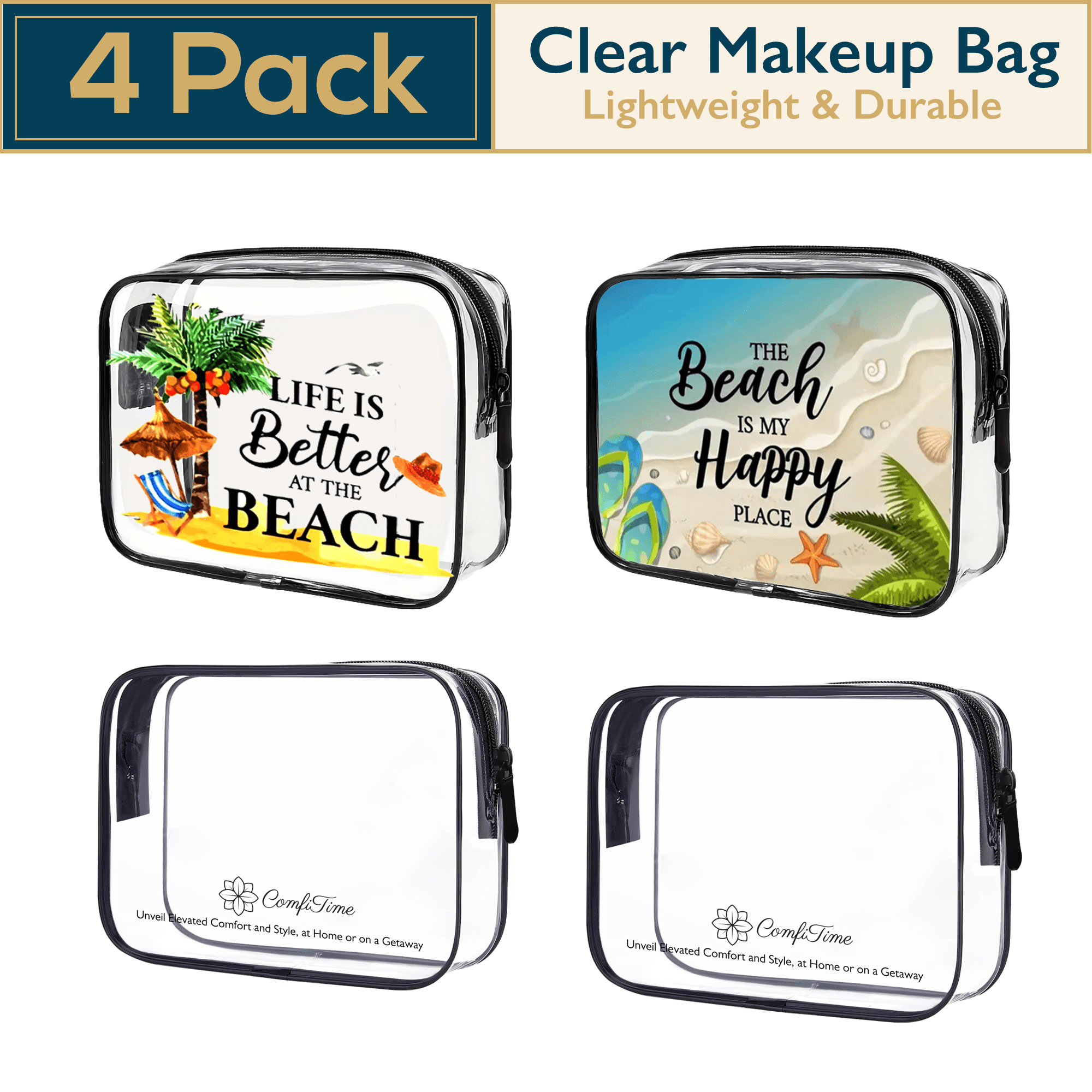 best compact travel makeup bag EACHY for Women, PU Leather Cosmetic Bag, Brown, Medium and 2 flexible compartments ComfiTime Clear Makeup Bag
