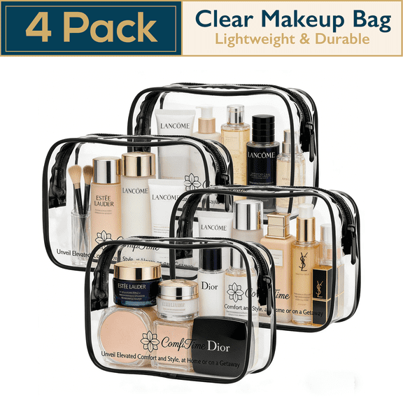 ComfiTime Clear Makeup Bag – 4Pack TSA Approved Travel Toiletry Cosmetic Bag, Portable & Waterproof Makeup Organizer, Small Transparent Makeup Pouch for Men/Women