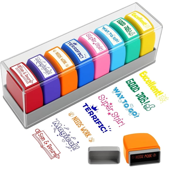 8Pcs Teacher Stamps for Classroom, Self Inking Grading Stamps Set | Motivational Reward Stamps with Sign & Return, Excellent, Good Job | Classroom Must Haves for Elementary School Teacher