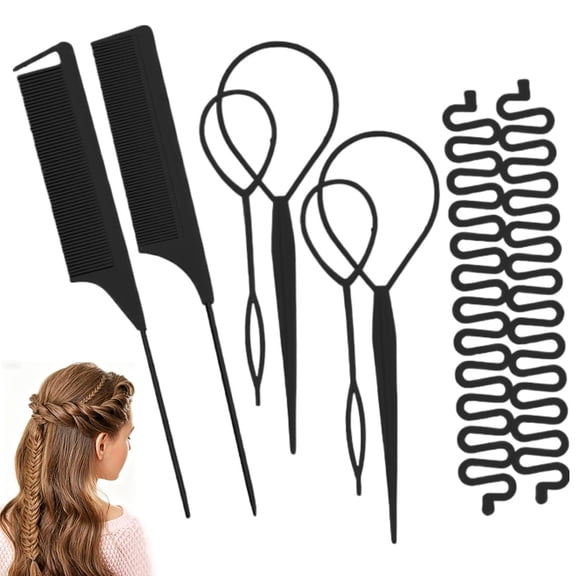 8Pcs Topsy Tail Hair Tool with Rats Tail Comb, French Braiding Tool Ring, Hair Looping Tools for Buns, Updos, Ponytails, Fast Styling Accessories
