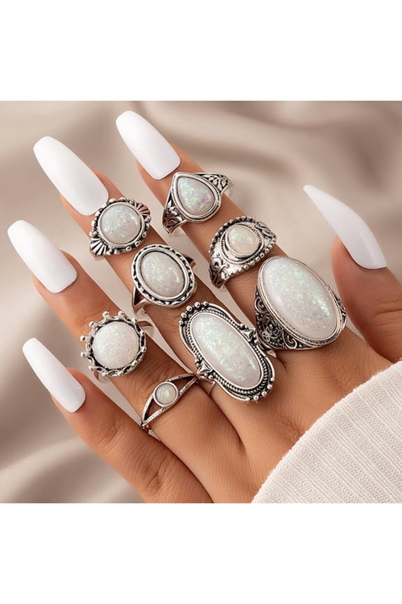 8Pcs Turquoise Finger Rings Set Gothic Alloy Jewelry for Women White Inner Diameter 18mm Making DIY