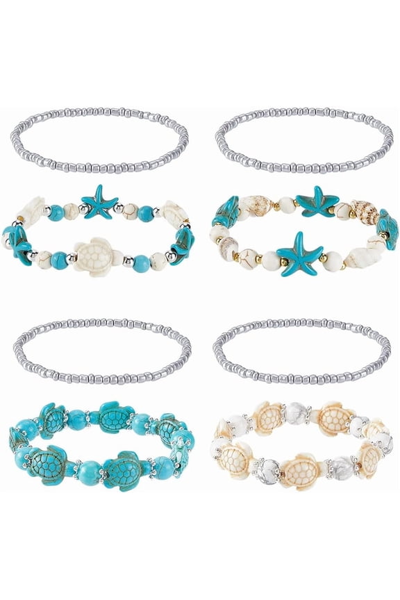 8Pcs Turtle Starfish Turquoise Beaded Stretch Bracelet Mixed Color Inner Diameter: 2~3-3/8 inch(5.1~8.5cm) 5 style/set Creation