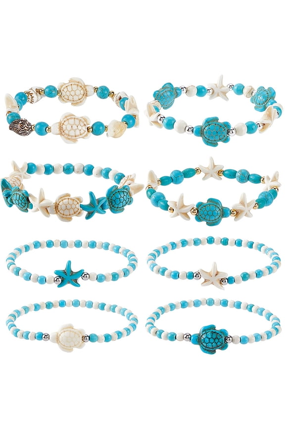 8Pcs Turtle & Starfish Turquoise Beaded Stretch Bracelet Sets Mixed Color Inner Diameter: 2-1/4~3-3/8 inch(5.6~8.5cm)