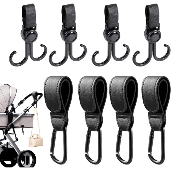 8Pcs Universal Buggy Clips Set for Parents,PU Leather Pram Hook Clips for Mommy Diaper Bag, Pushchair, Backpack, Shopping Grocery,Portable Stroller Hooks for Outdoor Use(Black