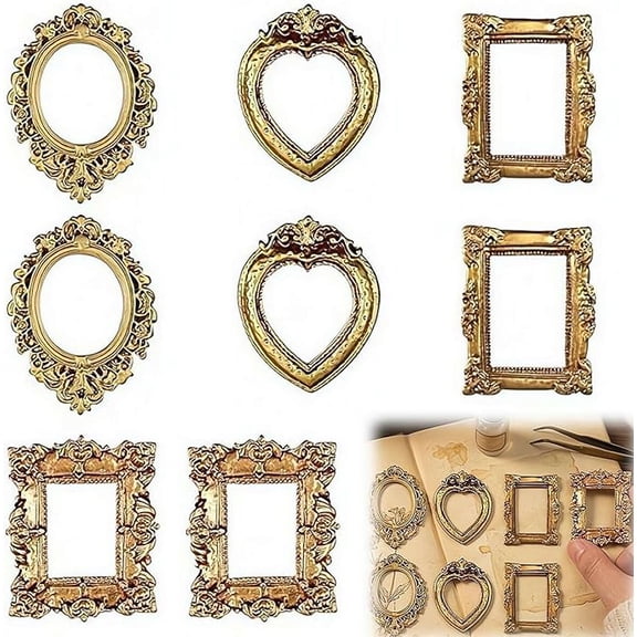 8Pcs Vintage Resin Picture Frames Set, Mini Oval Rectangle Wall Hanging Photo Holder for Home Jewelry Display & Antique Wedding Decor (k)