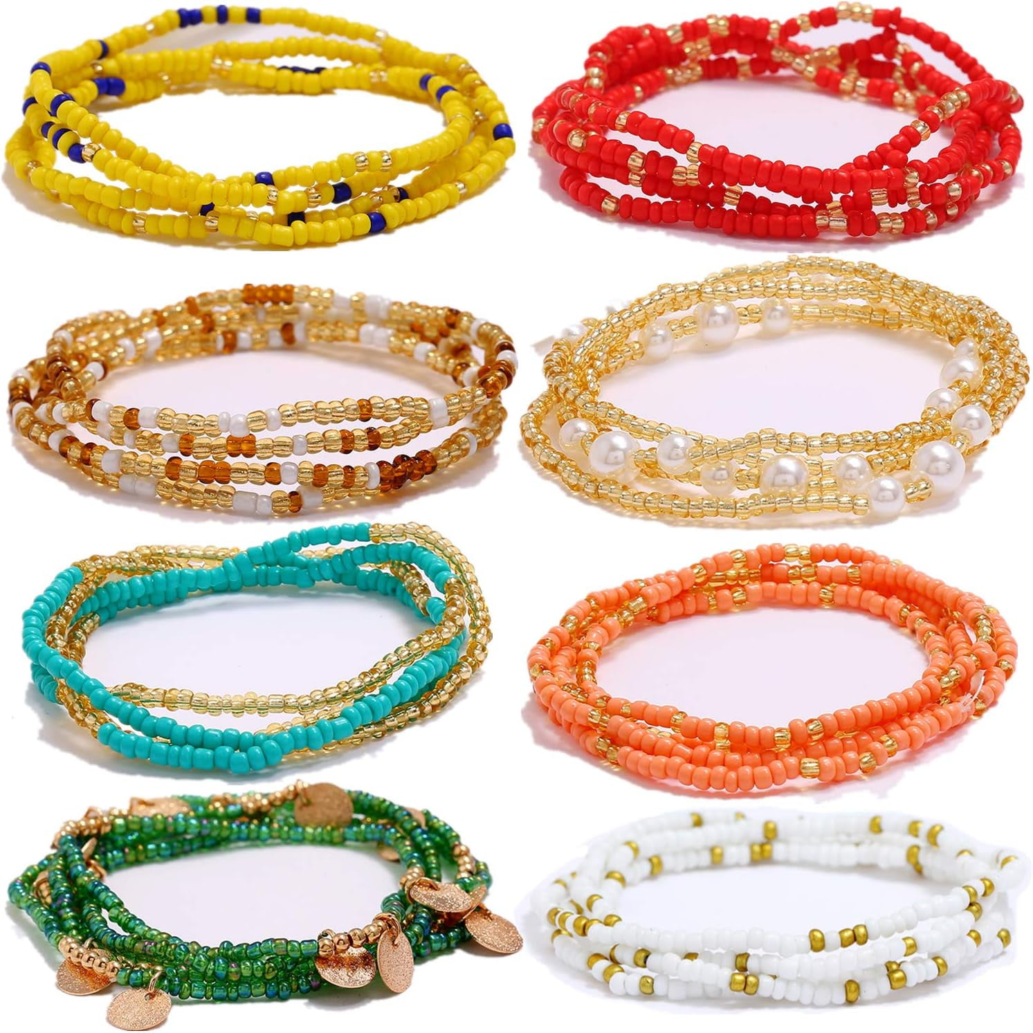8Pcs Waist Beads Necklace Jewelry Colorful Elastic Waist Beads Belly Button Beads African Waist Necklace African Belly Button Belt Bracelet Anklet Necklace Beads Elastic Stretch Cord Summer Beach Walm...