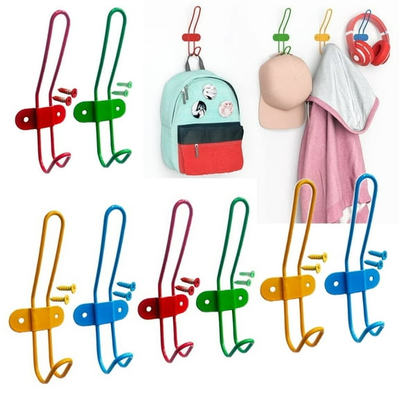 8Pcs Wall Coat Hooks Colorful Wall Mounted Hanger Hooks Rack Metal Hanging Backpack Holder for Boys Girls Jackets Clothes Towels Robes Umbrellas Hats Bedroom Bathroom Playroom