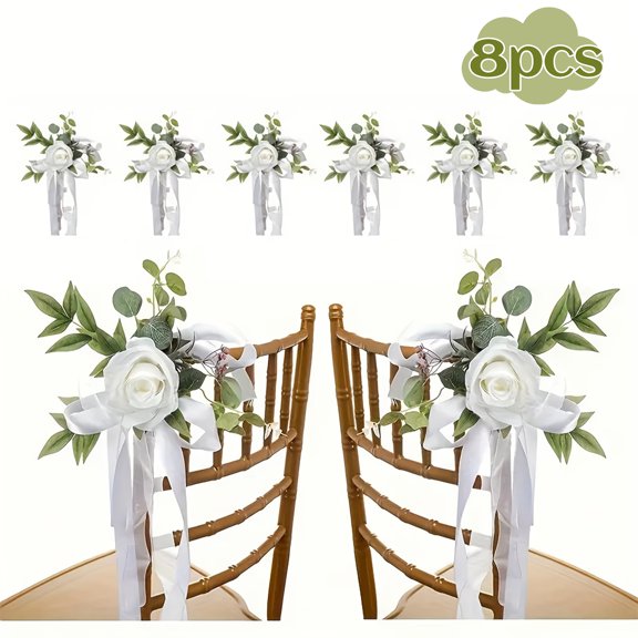 8Pcs Wedding Chair Decorations with Artificial Rose Flowers and Ribbon Bows, Pew Decorations for Weddings, Aisle Chair Decor for Wedding Ceremony, Reception, Party & Spring Decor