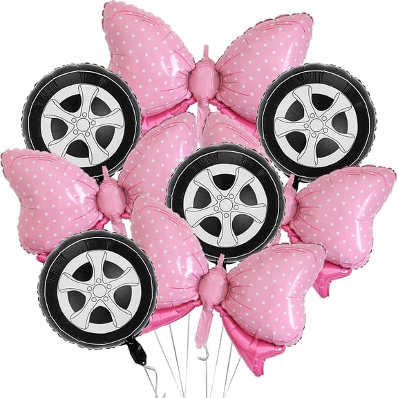 8Pcs Wheel Balloons Car Tires Foil Balloons Pink Bows Mylar Balloons for Race Car Themed Gender Reveal Birthday Party Decorations Supplies