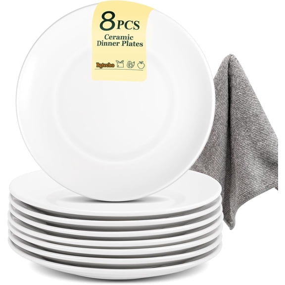 8Pcs White Dinner Plates,10 inch Porcelain Salad Plates Serving Dishes,Ceramic Dessert Salad Plate Set,Porcelain Dinner Plates,Microwave & Dishwasher Safe(Size: 10 Inch | Color: PureWhite)