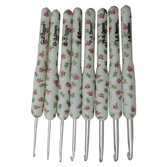 8Pcs White Floral Soft Pottery Handle Crochet Hooks Set 2.5- 6.0mm Knitting Weave Craft Tools