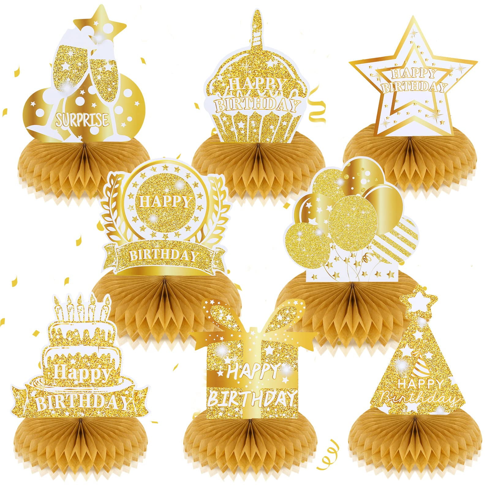 8-Piece Happy Birthday Honeycomb Centerpieces - Burgundy & Gold Table Toppers For 30th, 40th, 50th Birthday Parties