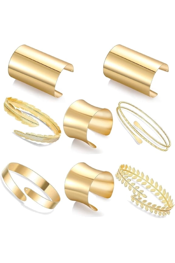 8Pcs Wide Cuff Bangle Bracelet Set for Women Open Thin Thread Wire Grooved Arm Cuff Upper Arm Band Bracelets Adjustable Wrist Jewelry Set