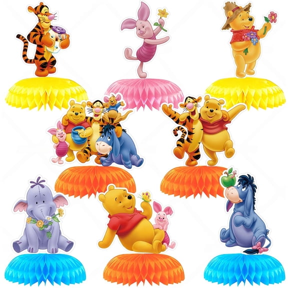 8Pcs Winnie Party Supplies Set Honeycomb Centerpieces Double Sided Table Topper for Birthday Decorations