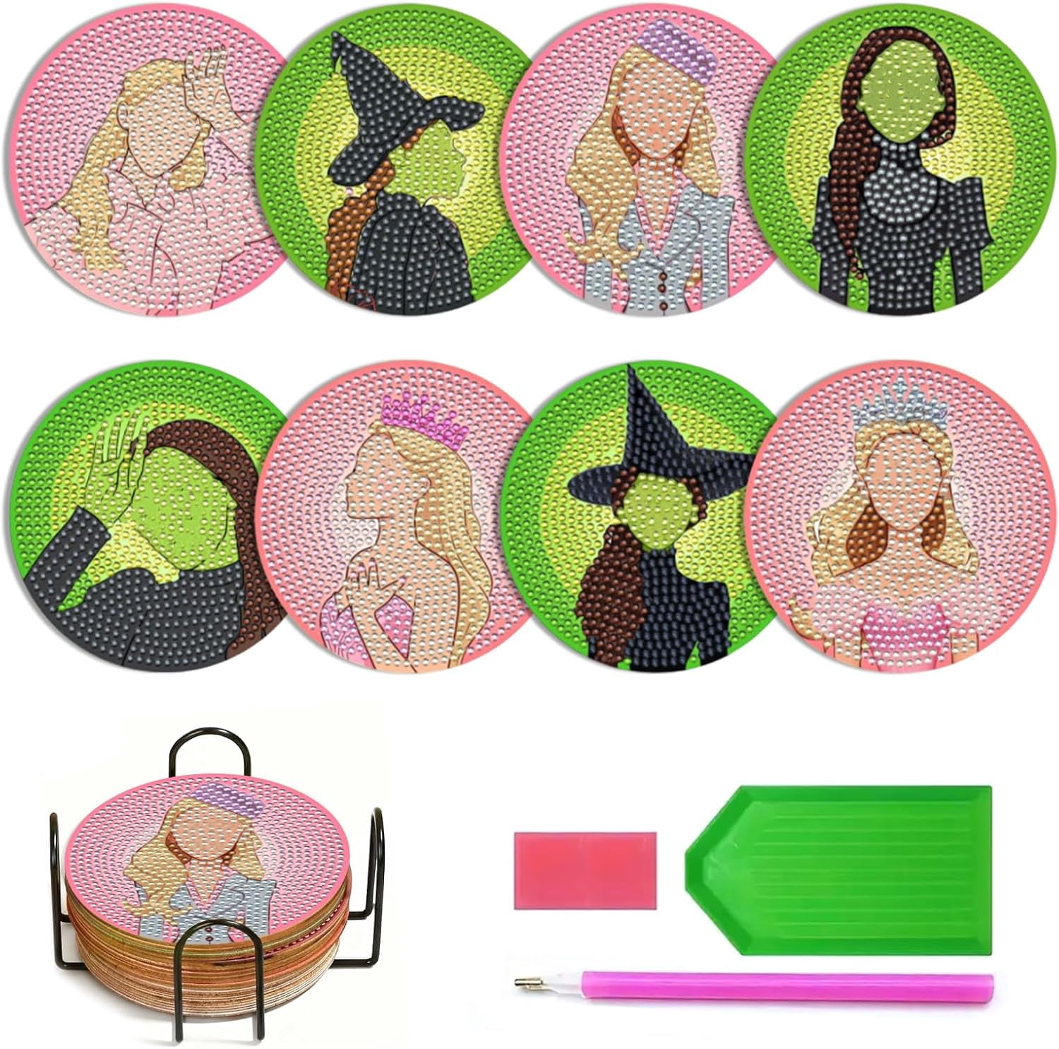 8Pcs Witch Diamond Art Coasters Kit Pink Green Diamond Painting Coasters Kit with Holder Fun DIY Diamond Art Craft for Adults Gifts Office Home Decor Supplies