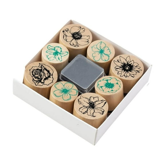 8Pcs Wood Flower Stamp with Inkpad 25mm 30mm Wood Craft Stamp Scrapbooking Stamper for Card Making Journal Photo Album