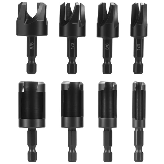 8Pcs Wood Plug Cutter Drill Bit Set, 1/4 Inch Carbon Steel Hex Shank Straight and Tapered Taper Cutting Tool 1/4, 5/8, 3/8,1/2 Inch for Woodworking