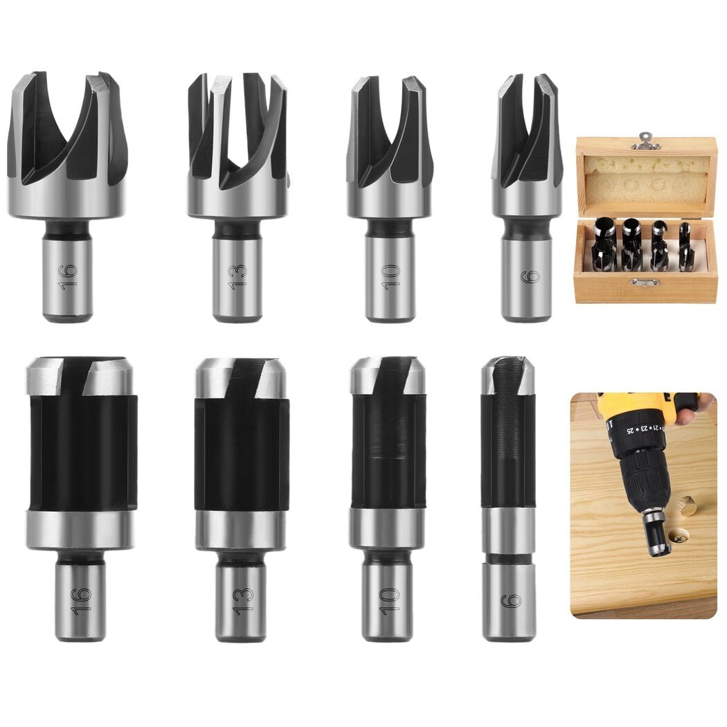 8Pcs Wood Plug Cutters, 1/4", 3/8", 1/2", 5/8" Drill Bit Set with Wooden Box, Straight and Tapered Cutting Tools for Woodworking, Carbon Steel Cork Drill Bit Kit
