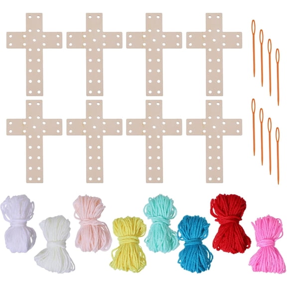 8Pcs Wooden Knitting Kits Wooden Slices Wood Sewing Kit with 8Pcs Plastic Needle 8 Strand Acrylic Yarn Embroidery Kit for Beginners Handicraft Enthusiasts colorful