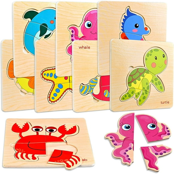 8Pcs Wooden Puzzles for Toddlers 1-3, Sea Animal Puzzle for Kids, Montessori Toys for 1-3+ Years Girl Boy,